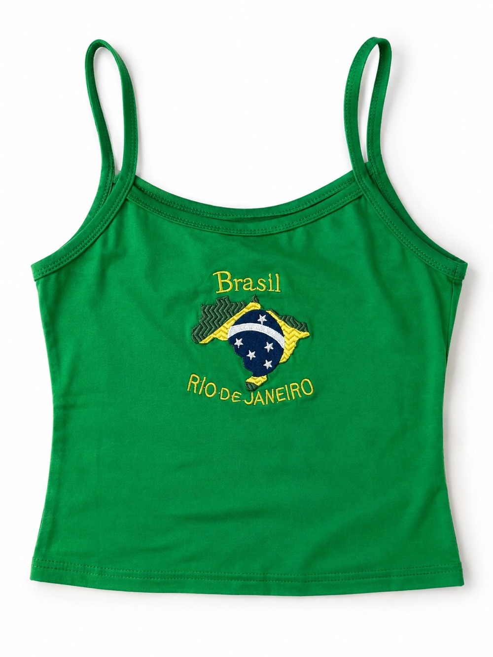 Green Brasil Rio De Janeiro Embroidered Ribbed Crop Cami Tank Top Y2K